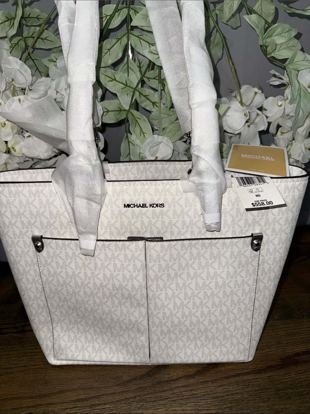 Michael Kors Cream Signature MK Tote with Front Pockets